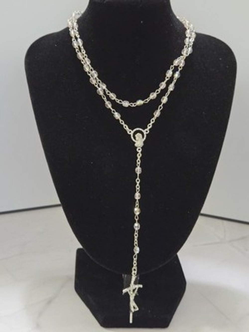 Vintage Rosary Necklace With Aurora Borealis Type Beads Silver Tone Crucifix